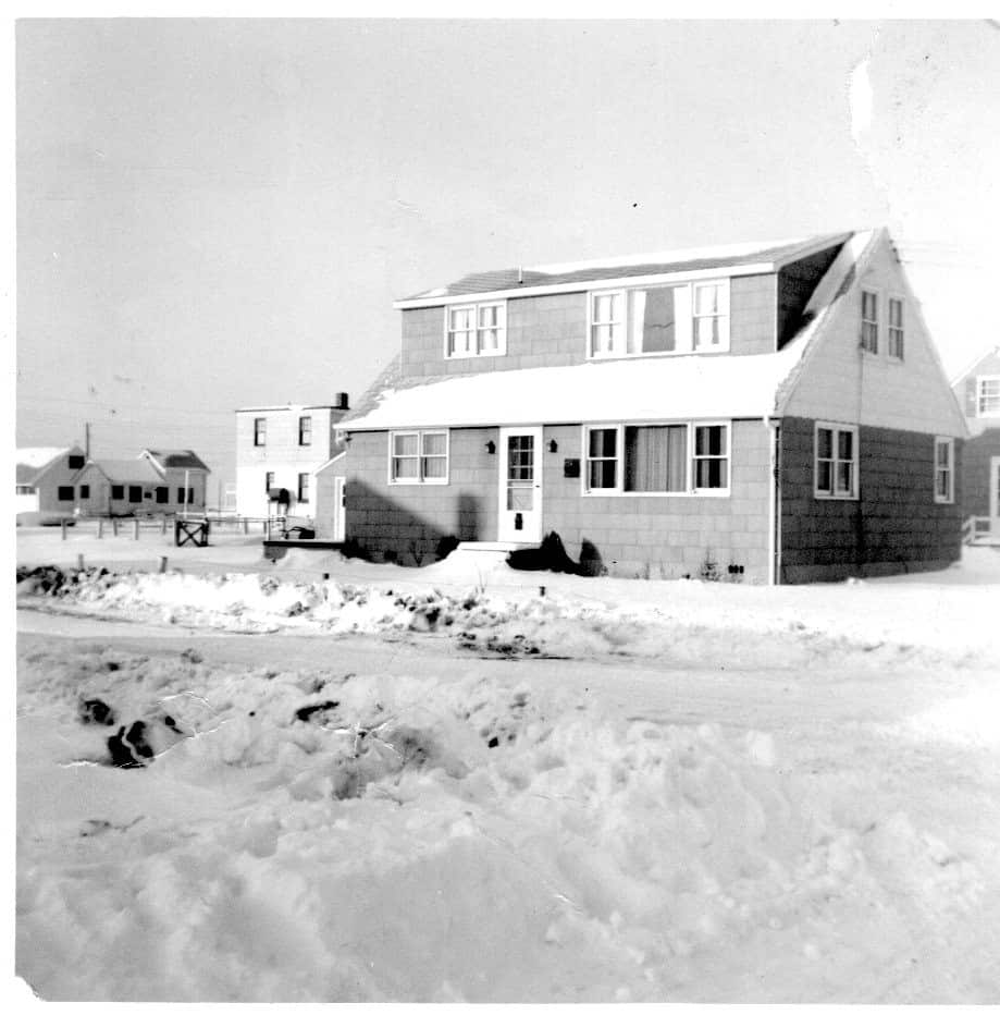 Snow on the roof and street. 17th Street and Waverly Avenue. North Beach Haven. Circa 1955