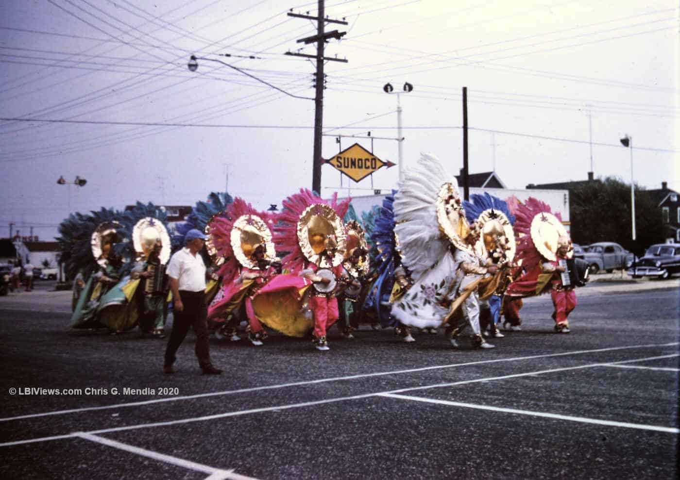 Mummers or a String Band marching on the Boulevard in the 1950's
