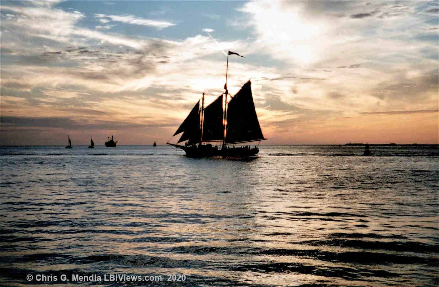 The A. J. Meerwald under sail at sunset off Beach Haven 2003